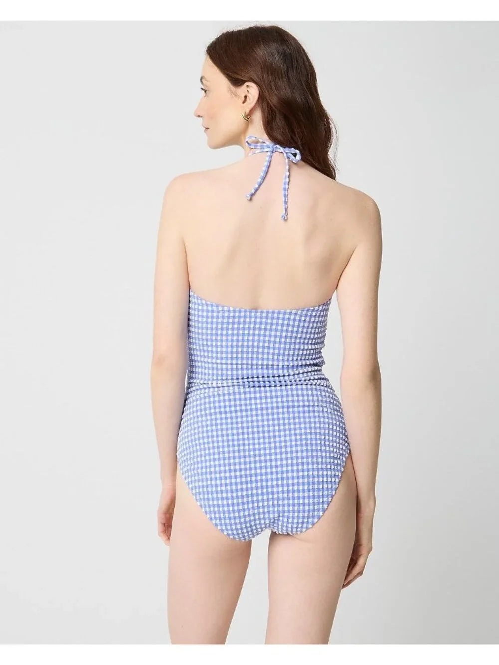 J Crew Womens Seersucker One Piece Swimsuit Sz Small Blue White Gingham Halter